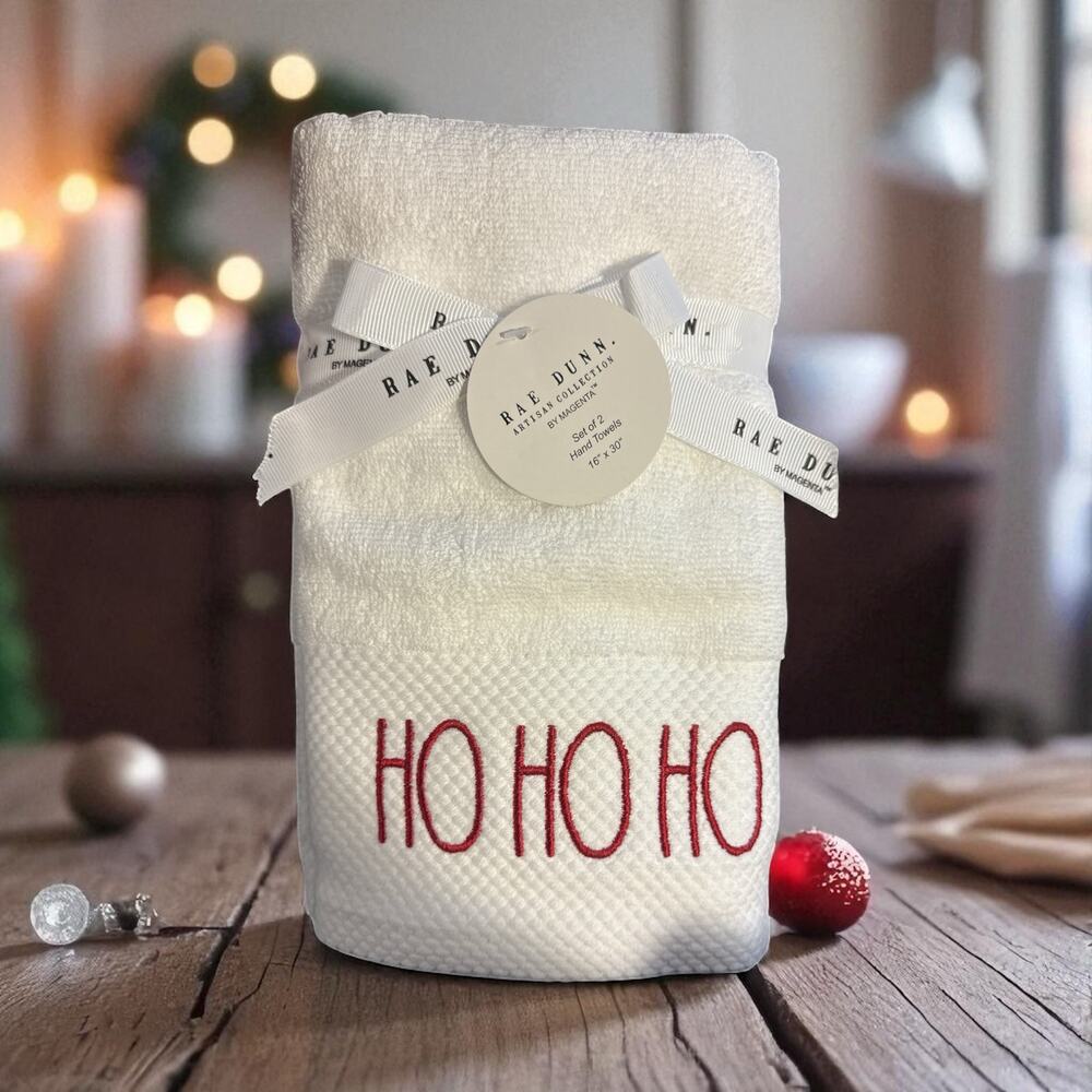 NEW Rae Dunn Christmas Hand Towels HO HO HO Set of 2 White Red Embroidered